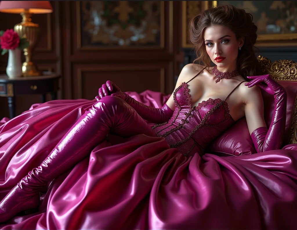 two embracing Latex Princess, Wide victorian latex Princess magenta wedding gown, show titts, red lips, brown hair, Wide Petticoat, lying in bed, The whole dress touches the floor, overkneehigh latex boots, Latex gloves, Beautiful Long hair with ringlets, Picture from head to toe, Latex,