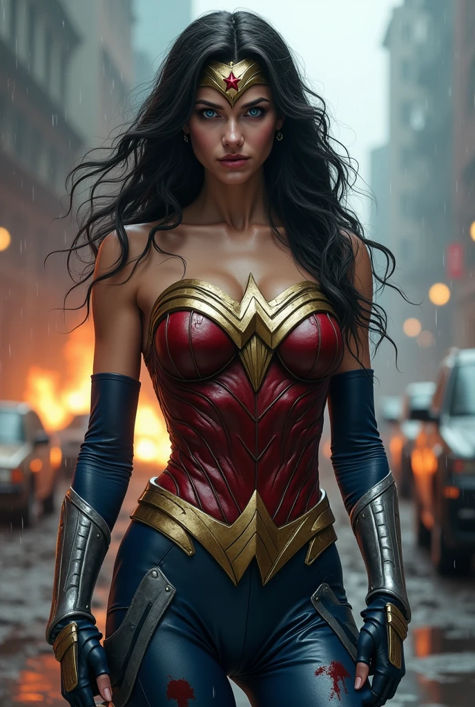 A beautiful woman under the mantle of the Amazon warrior Wonder Woman has long hair, black with a silver metal diaema this Diaema wears a red star on her forehead,His eyes are light blue. Her superheroine costume is samurai themed.. Her costume usually includes a blue jumpsuit and a gold armor top over her jumpsuit on her knees screaming exhausted after an extensive battle blood around her in an apocalyptic and rainy city cars and buildings on fire