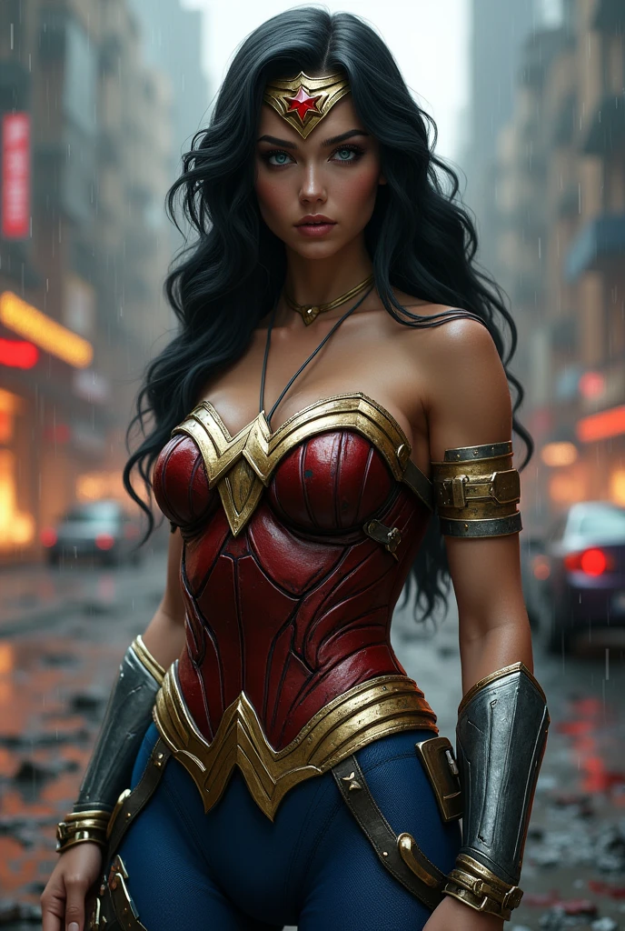 A beautiful woman under the mantle of the Amazon warrior Wonder Woman has long hair, black with a silver metal diaema this Diaema wears a red star on her forehead,His eyes are light blue. Her superheroine costume is samurai themed.. Her costume usually includes a blue jumpsuit and a gold armor top over her jumpsuit on her knees screaming exhausted after an extensive battle blood around her in an apocalyptic and rainy city cars and buildings on fire