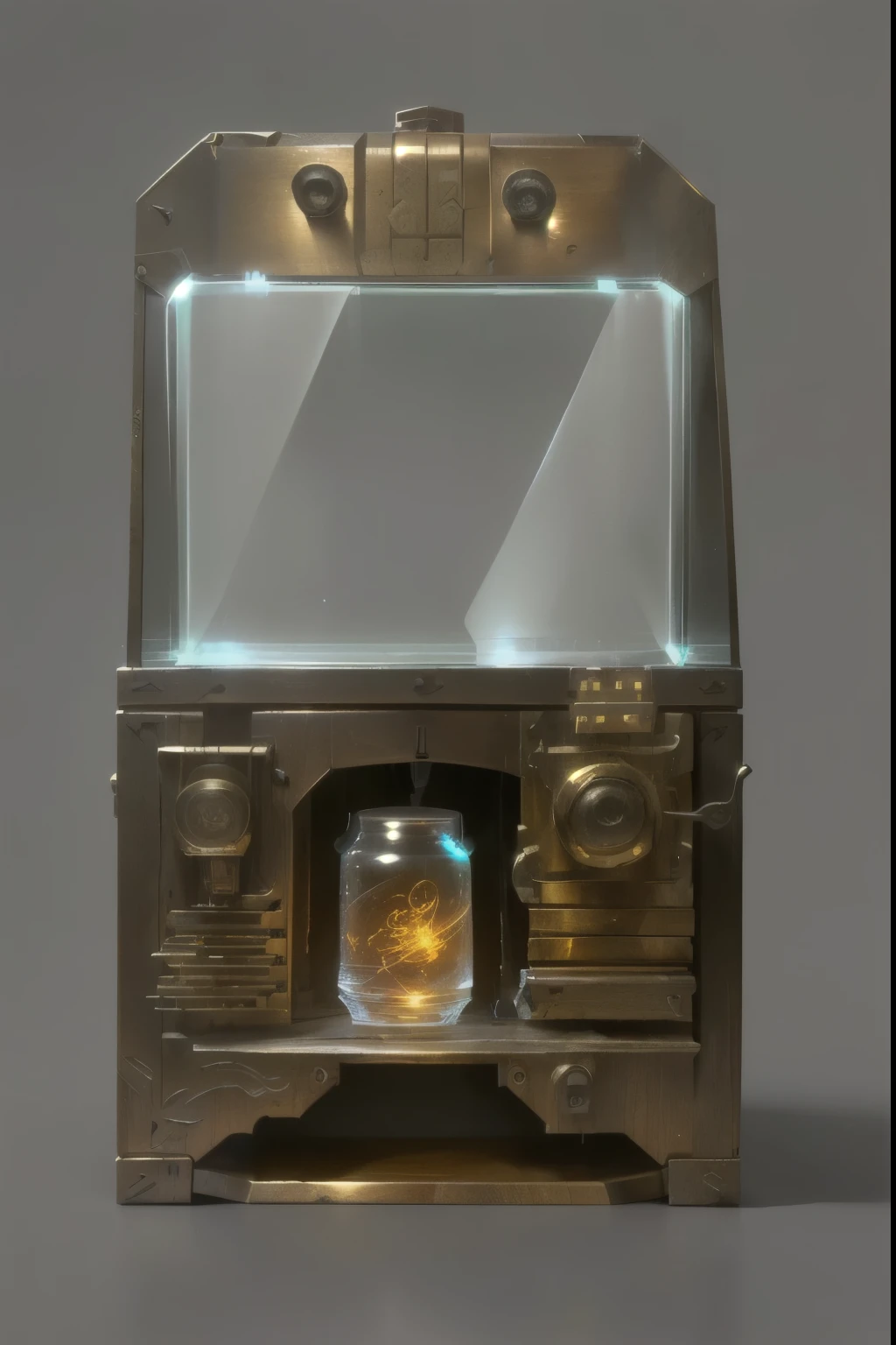  There is a machine that looks very old，There is a big glass cover, Wooden Machine，Wooden gashapon machine，Old Machines，Gothic style，3d texture，Three-dimensional texture，Gacha machine，metallic feel，Glass reflection，League of Legends Inventory Items，Diablo concept art，