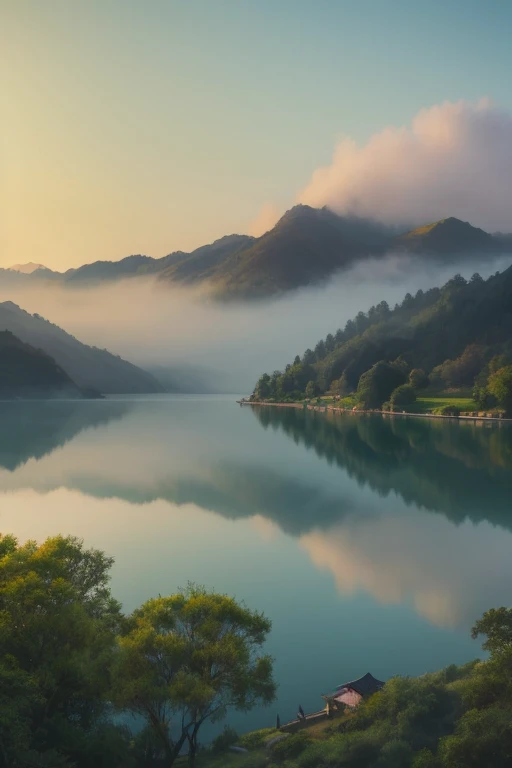 Highest quality、Landscape painting、Tranquil lakeside scenery、Foggy、dim