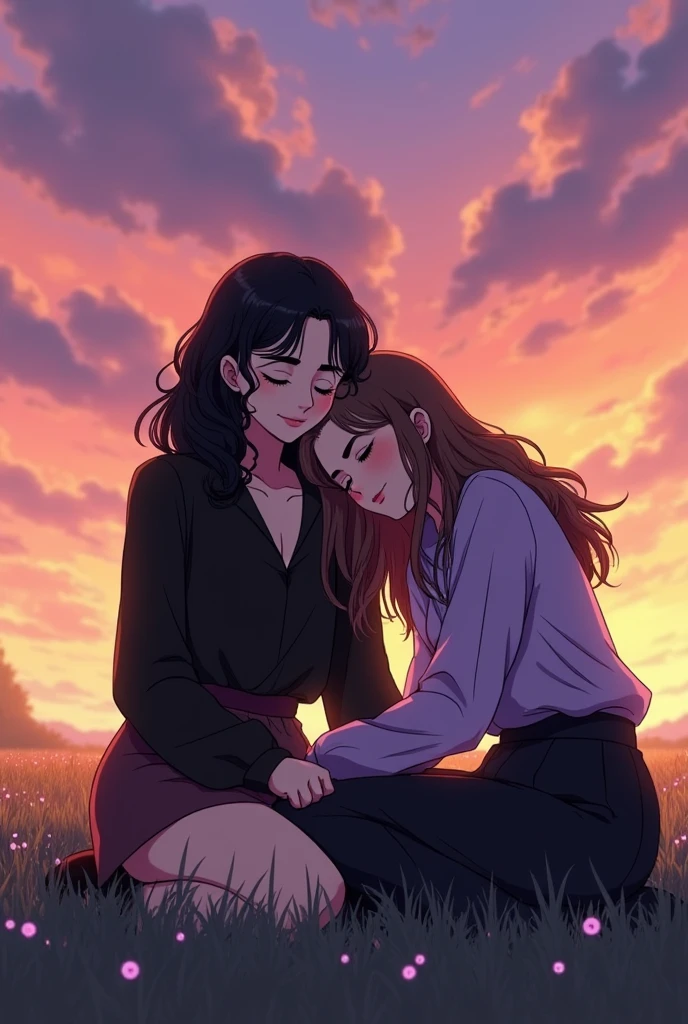 Two girls,sitting next to each other,one has her head lying down and resting on the other girl&#39;s shoulder,they're on their backs, you can&#39;t see their faces, in the sky at dusk that has a gradient from pink to orange and yellow with clouds that appear to be purple, are sitting on the grass,one has curly hair and is black, with a black blouse and a dark brown micro skirt while the other has long wavy brown hair, and wears a long-sleeved lilac blouse, and loose black pants