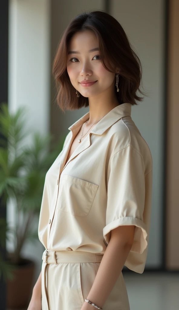 Highest quality, Very detailed, masterpiece, 1 person,Japanese women,(((Perfect female body))),Very beautiful face, Very beautiful body,Gentle expression, Very beautiful eyes,(Perfect Makeup:1.1),Big Breasts,40s、short hair、Brown Hair:1.3, Big Breasts、Soft-looking body、モノトーンビッグサイズShort sleeveシャツ,Ankle Pants,necklace,anklet,A kind smile,Full body portrait,(indoorの背景:1.3), (Glowing Skin),(Earrings),indoor、cute、Short sleeve