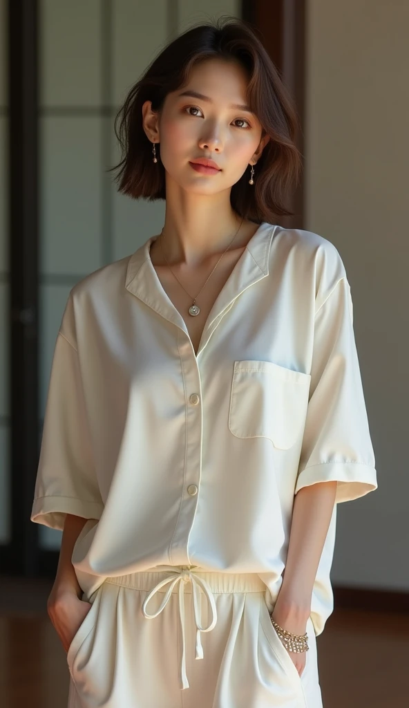 Highest quality, Very detailed, masterpiece, 1 person,Japanese women,(((Perfect female body))),Very beautiful face, Very beautiful body,Gentle expression, Very beautiful eyes,(Perfect Makeup:1.1),Big Breasts,40s、short hair、Brown Hair:1.3, Big Breasts、Soft-looking body、モノトーンビッグサイズShort sleeveシャツ,Ankle Pants,necklace,anklet,A kind smile,Full body portrait,(indoorの背景:1.3), (Glowing Skin),(Earrings),indoor、cute、Short sleeve