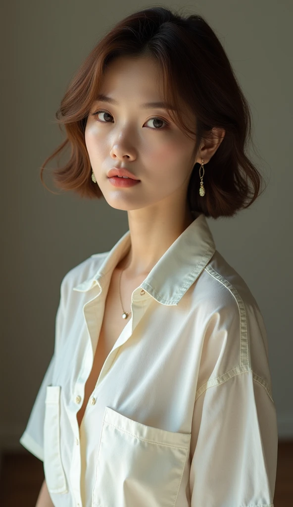 Highest quality, Very detailed, masterpiece, 1 person,Japanese women,(((Perfect female body))),Very beautiful face, Very beautiful body,Gentle expression, Very beautiful eyes,(Perfect Makeup:1.1),Big Breasts,40s、short hair、Brown Hair:1.3, Big Breasts、Soft-looking body、モノトーンビッグサイズShort sleeveシャツ,Ankle Pants,necklace,anklet,A kind smile,Full body portrait,(indoorの背景:1.3), (Glowing Skin),(Earrings),indoor、cute、Short sleeve