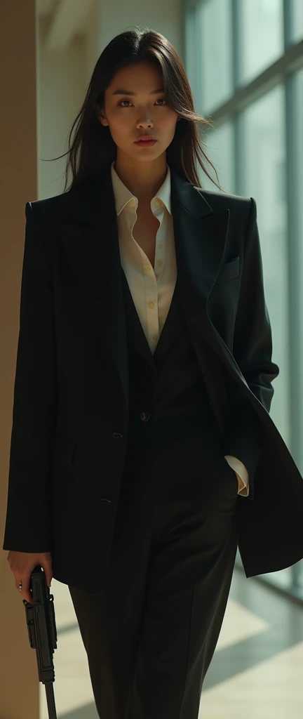 a chic ensemble stylish asian woman in a open on suit and tie saunting with swagger strife with gun (best quality,4k,8k,highres,masterpiece:1.2),ultra-detailed,(realistic,photorealistic,photo-realistic:1.37),HDR,UHD,studio lighting,ultra-fine painting,sharp focus,physically-based rendering,extreme detail description,professional,vivid colors,bokeh,portrait,high fashion,elegant,glamorous,cinematic,dramatic lighting,moody,mysterious,sensual,sophisticated