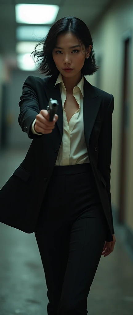 a chic ensemble stylish asian woman in a open button suit and tie saunting with swagger strife with gun (best quality,4k,8k,highres,masterpiece:1.2),ultra-detailed,(realistic,photorealistic,photo-realistic:1.37),HDR,UHD,studio lighting,ultra-fine painting,sharp focus,physically-based rendering,extreme detail description,professional,vivid colors,bokeh,portrait,high fashion,elegant,glamorous,cinematic,dramatic lighting,moody,mysterious,sensual,sophisticated