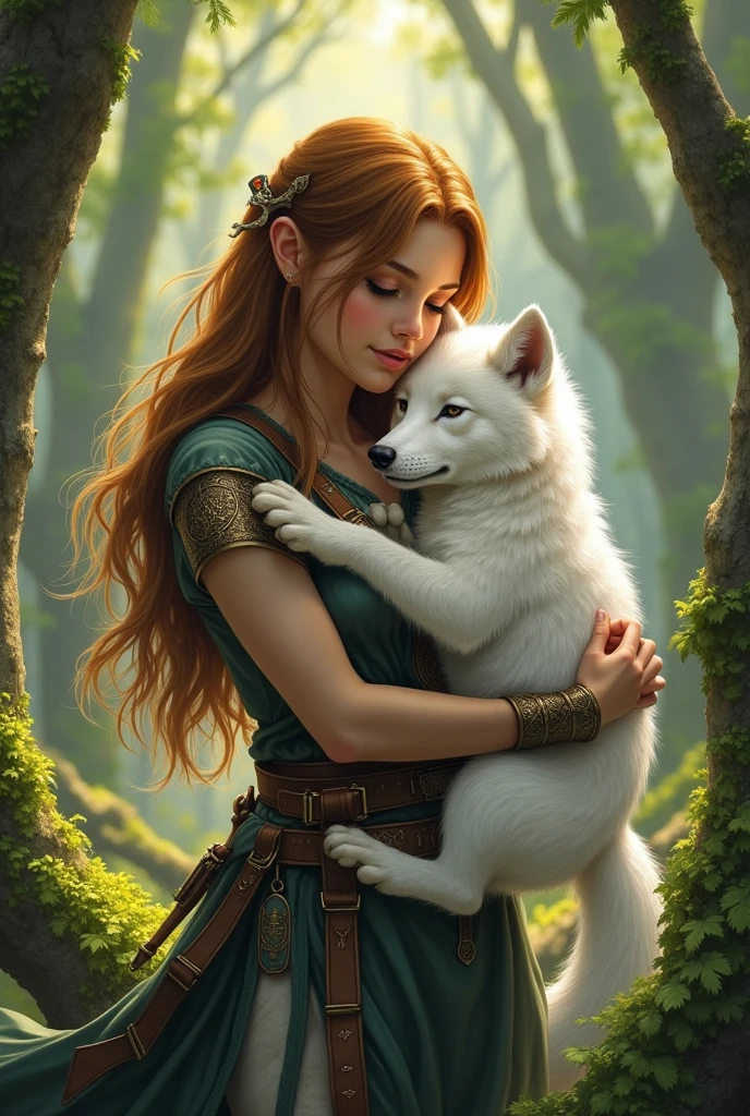 Young woman warrior, caramel hair hugs white fluffy wolf cub, forest in the background. 