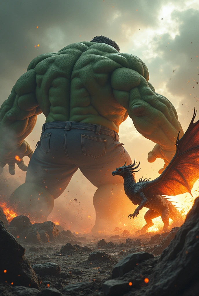 

"Amidst a ravaged, smoldering landscape, the colossal, green-skinned giant Hulk, his massive muscles rippling like thunderheads, clashes with a behemoth dragon, its scales glinting like black diamonds, as the two titans exchange earth-shattering blows, the Hulk's gargantuan fists crushing boulders and sending the dragon's fiery blasts soaring back at it, while the dragon's claws tear through steel and stone, its wings generating hurricane-force gusts, as the battle rages on, fueled by the Hulk's unyielding rage and the dragon's primordial fury, shaking the very foundations of the world."

