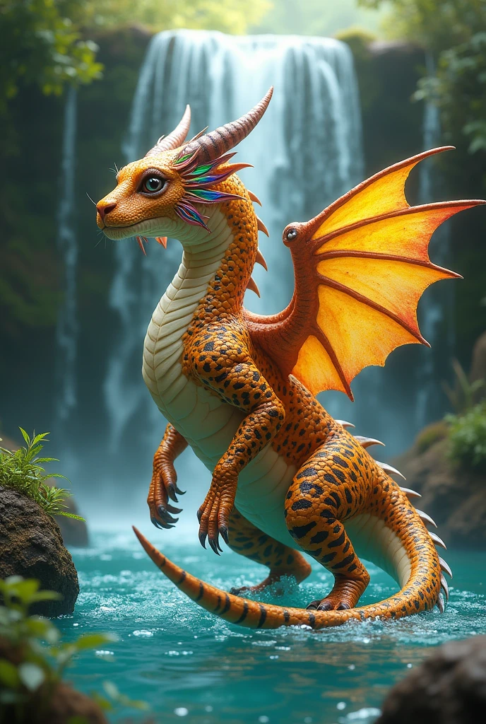 Create a mithycal dragon in PNG. It has wings made of rainbow, eyes made of water,skin made of yellow leaves. It has the hands of a leopard, the legs of a tiger. It lives in a mithycal waterfall. 