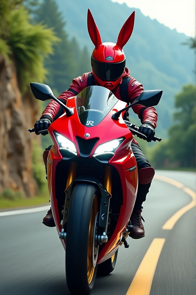 Biker with red rabbit helmet and with red R15 bike
