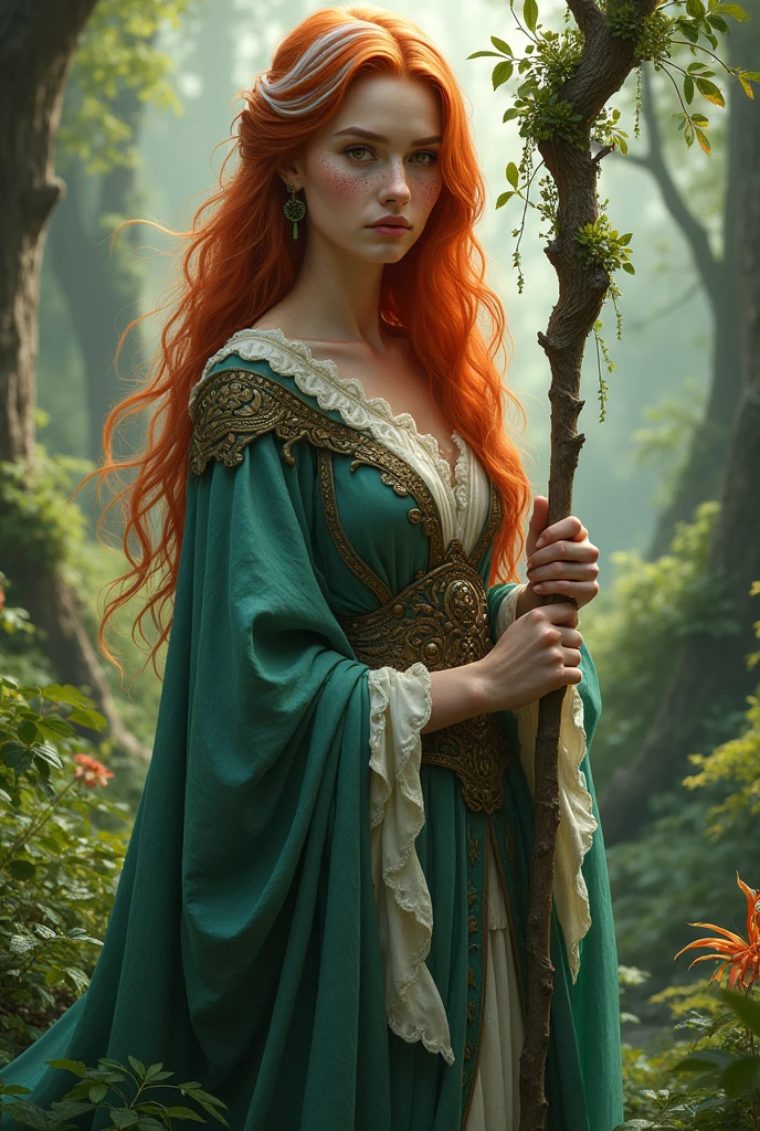a one woman,redhead with a white streak in her hair,she is queen of nature,his staff is from nature and he has freckles on his face,your nails are big and natural
