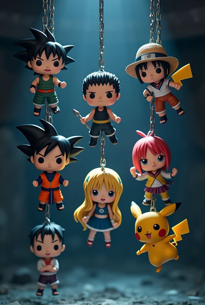 "In a dark and mysterious setting, Seven iconic anime characters, transformed into Funko dolls, They hang from thick chains that descend from the darkness. Each chain holds a character: Goku in his Super Saiyan form, Naruto with the band Konoha, Luffy with his straw hat, Sailor Moon with her moon scepter, Vegeta with his defiant pose, Levi Ackerman with his three-dimensional maneuvering equipment, and Pikachu with his electrifying energy. The chains shine with a soft glow, highlighting the presence of these characters, while their expressions and poses seem to come to life, creating a vibrant and energetic scene
