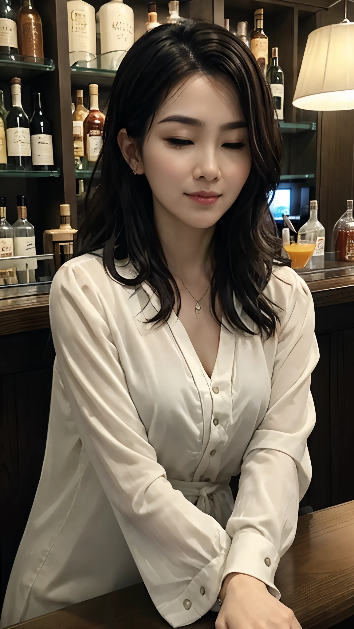 High-definition photos、Dimly lit quiet bar、Woman sitting on a chair drinking a cocktail at the counter、Close ~ eyes、Eyes closed、Drinking a cocktail、Drinking a cocktail、There are many drinks on the shelf behind the counter..、length, wavy black hair、black eye、Lonely look、Face turned to the side、Holding a cocktail glass、Put the glass to your mouth、Close ~ eyes