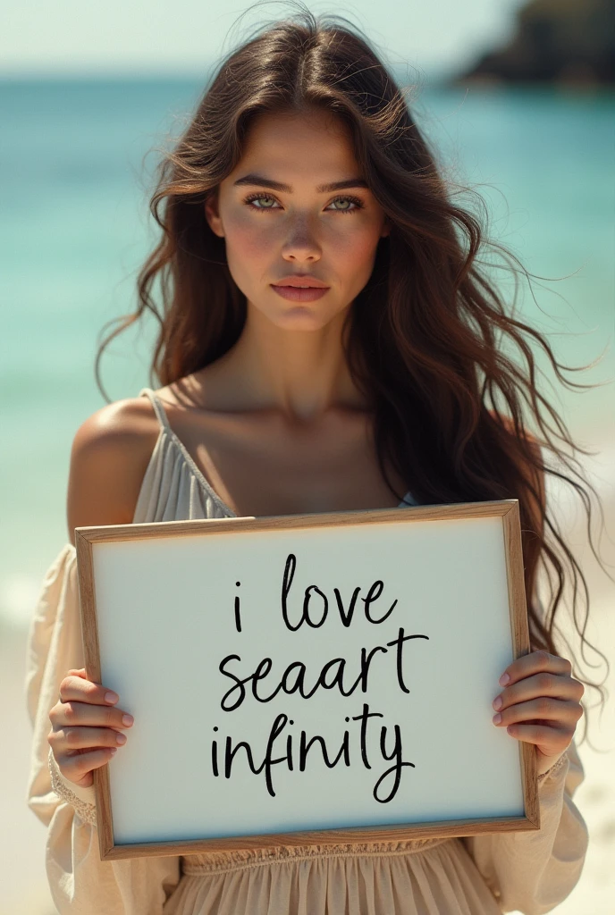 Beautiful girl with wavy long hair, bohemian dress, holding a white board with text "I Love Seaart Infinity" and showing it to the viewer