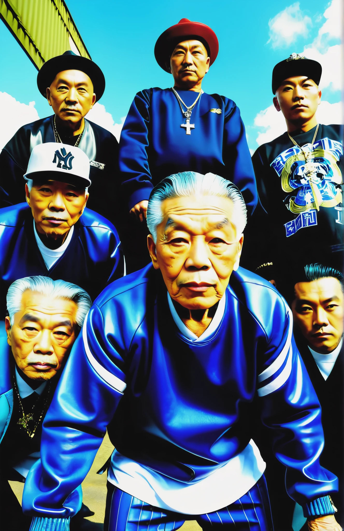 a fashion photoshoot with (dynamic dutch angle:1.4) of a hip hop gangsta cover photo of (really old wrinkly senior:1.2) japanese boy band, (from below, fisheye:1.2)