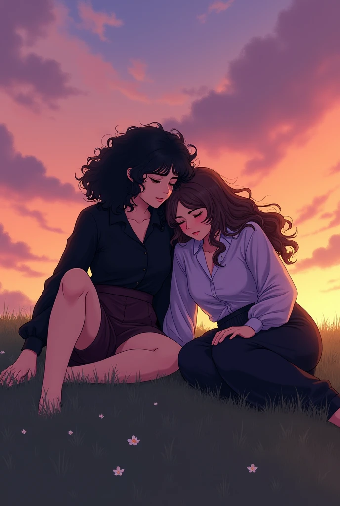 Two girls,sitting next to each other,one has her head lying down and resting on the other girl's shoulder,they're on their backs, you can't see their faces, in the sky at dusk that has a gradient from pink to orange and yellow with clouds that appear to be purple, are sitting on the grass,one has curly hair and is black, with a black blouse and a dark brown micro skirt while the other has long wavy brown hair, and wears a long-sleeved lilac blouse, and loose black pants