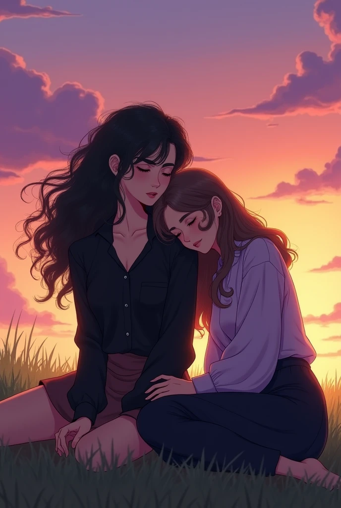 Two girls,sitting next to each other,one has her head lying down and resting on the other girl's shoulder,they're on their backs, you can't see their faces, in the sky at dusk that has a gradient from pink to orange and yellow with clouds that appear to be purple, are sitting on the grass,one has curly hair and is black, with a black blouse and a dark brown micro skirt while the other has long wavy brown hair, and wears a long-sleeved lilac blouse, and loose black pants