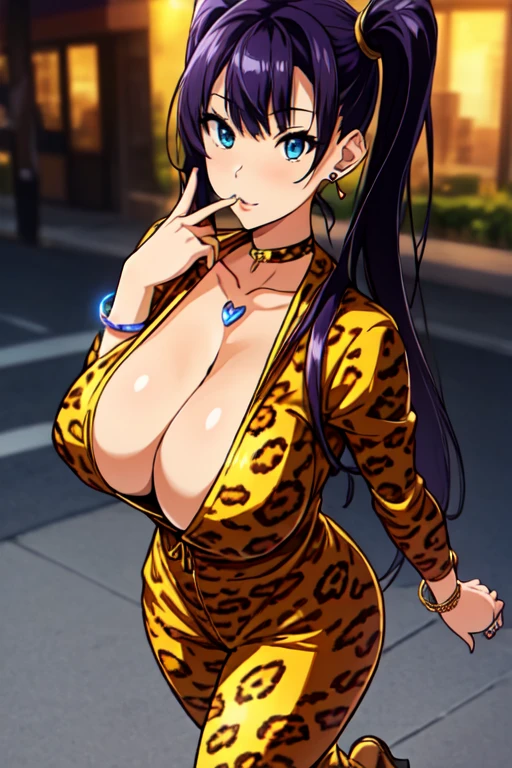 perfect eyes:1.2, detailed eyes:1.4, skindentation,(((Leopard print colored thin jumpersuit with v neck cleavage))) ,heels,Blue eyes, Purple hair, ((blunt bangs)), ((twin tail)),((Bare neck)), ((fully tied hair)),20yo, Young female, Beautiful Finger, Beautiful long legs, Beautiful body, Beautiful Nose, Beautiful character design, perfect balance, 1girl, solo, (masterpiece:1.6, best quality), 8k, insane details, intricate details, hyperdetailed, hyper quality, high detail, ultra detailed, professional, HDR, ray tracing reflection, cinematic lighting,Cleavage,Busty,Big breast,ear piercing,multistrand Love shaped necklace,Half eyes open,Eyeshadow,Thick lips,Bracelet,Long nail,Ring,black color Chocker,Gyaru,flashy heart shaped earring,outside,((carrying chain Leopard print purse bag)),((1hand on hips)),Face fully viewed,view from afar,Monocolor jumpsuit,Detailed ear,Detailed earring,Detailed head,Fully tied twintail,Standing,hand in hips,Sculpted calves,Curvy figure,SHOW FULL HEAD ,((Body facing the camera)),Fullbody,View all head to heel