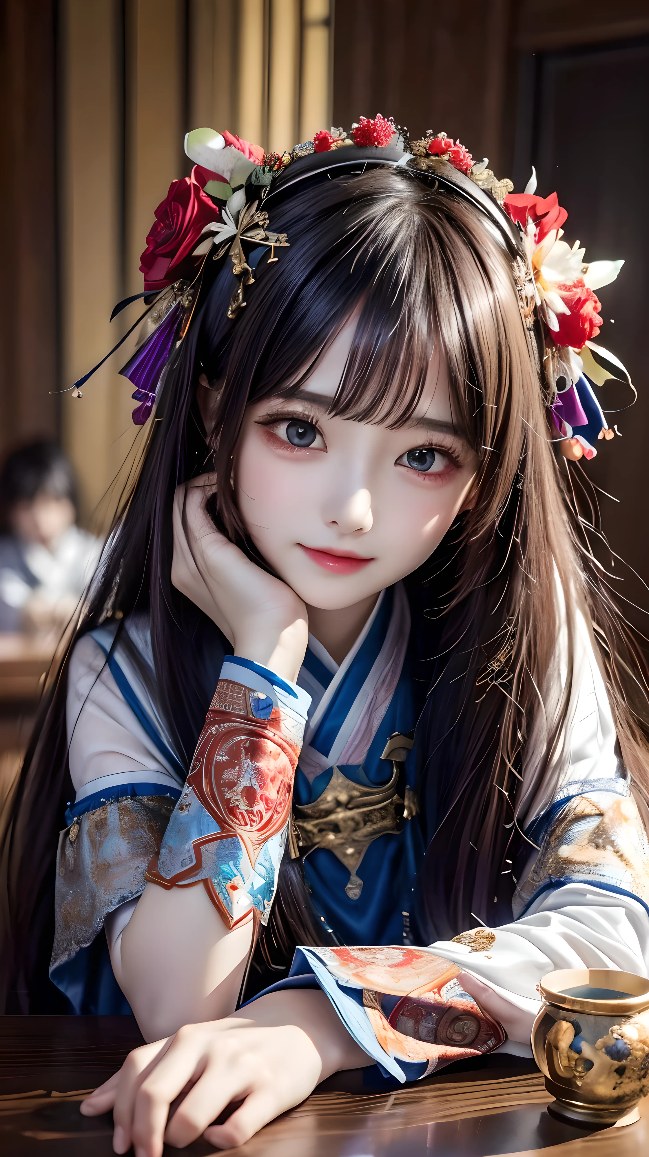 (On a table, Best quality at best, Best quality, offcial art, Beautiful and beautiful:1.2), (1 girl in:1.3), (s fractal art:1.3),ritualistic、Nassida、Face hidden、masks、Daoism、cursed、cursed、luring、nitpicking、onimous、creepy banknotes
