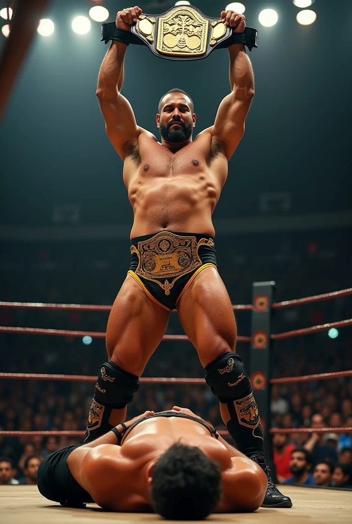 Actor jason shah trampling a indian wrestler under his timberland boot and posing over him in cocky trunks and raising his heavyweight championship belt with one hand for all to see