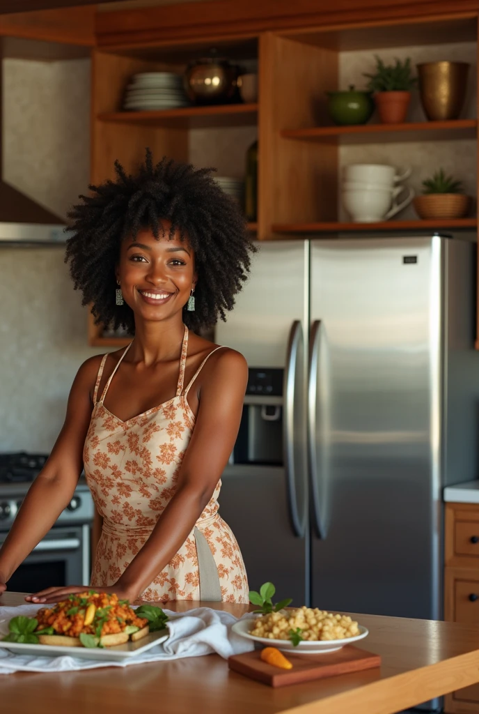 Image of a background image that captures the idea of a kitchen with the design TOCHI'S KITCHEN. with a beautiful lady in the background. Add this caption to it "TOCHI'S KITCHEN" and let it be a black lady.