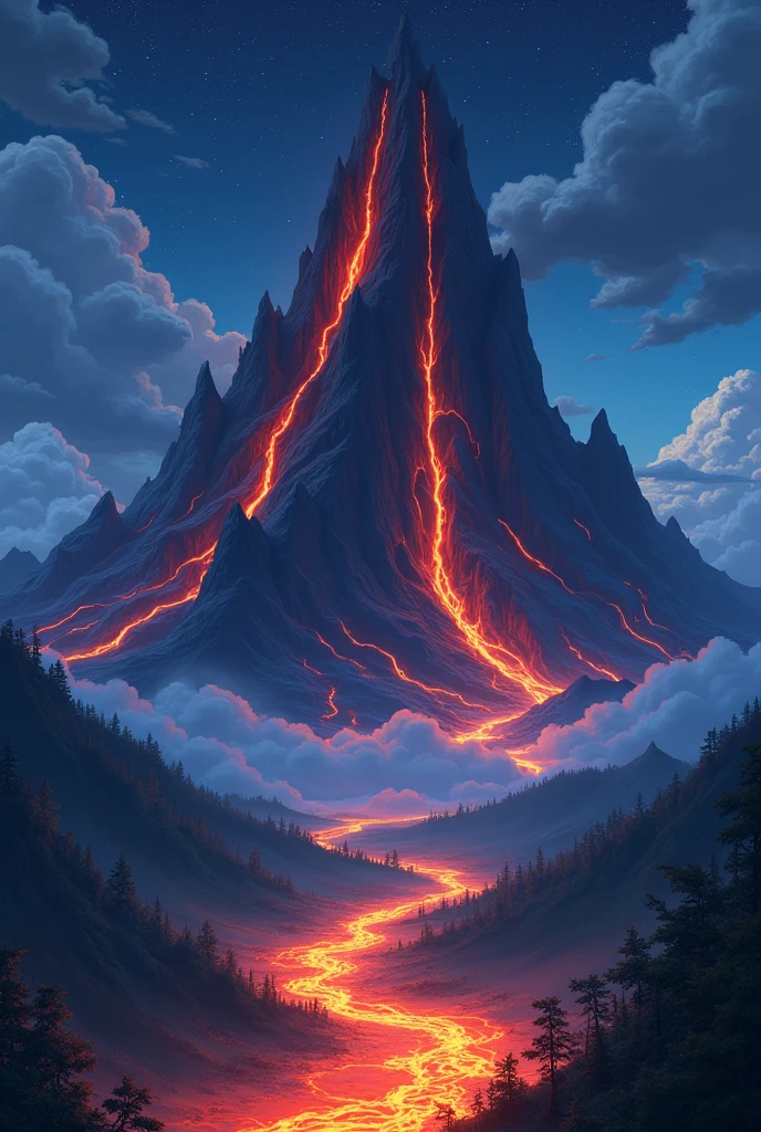 "Create a dramatic 4K anime-style wallpaper featuring a towering mountain with molten lava flowing down its slopes. The mountain, dark and jagged, stands tall against a night sky filled with swirling clouds and faint stars. The lava, glowing with intense oranges and reds, cascades down the mountain, illuminating the surrounding landscape with a fiery glow. In the distance, the landscape transitions into a serene forest or valley, contrasting the intense heat of the lava with cool, dark greens and blues. The scene captures the raw power and beauty of nature, blending the awe-inspiring with the tranquil in vibrant anime style."