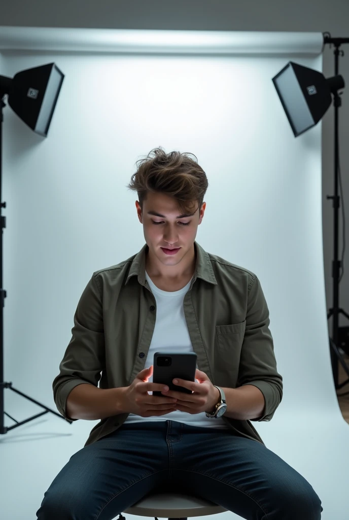A young man sit in the light studio and in man hand a mobile in light room