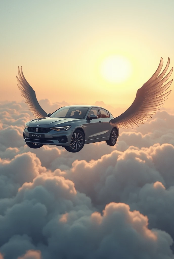 Create the gray Fiat Pulse car with wings in the sky 