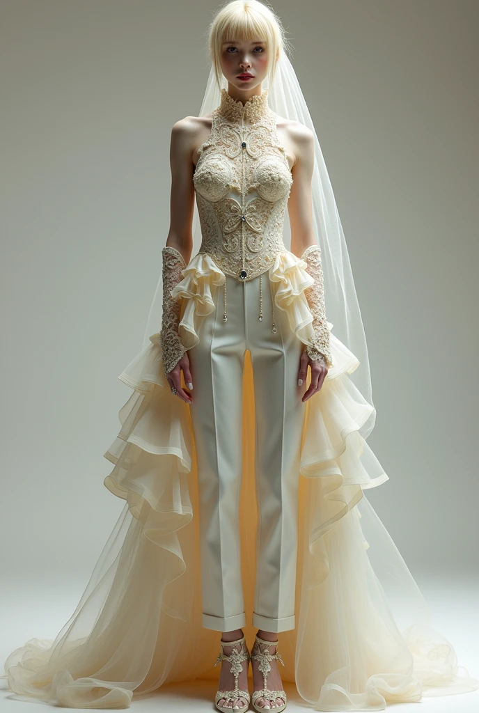 Full body of androgynous young man, feminine and slim, with blonde hair, rococo groom dress. She wears a unique outfit that combines a dress with very tight white dress pants.. The pants are complemented by a layered dress train that starts at the waist., with lace and tulle. the top, an imperial collar with full lace at the waist, sleeveless, without transparencies, decorated with delicate ruffles and sewn crystals that add a touch of luxury. The ensemble is completed with a bridal veil in layers of more than five meters., elbow length lace gloves