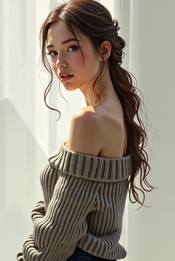 ((best quality)), ((masterpiece)), (detailed), 1girl, off-shoulder sweater,