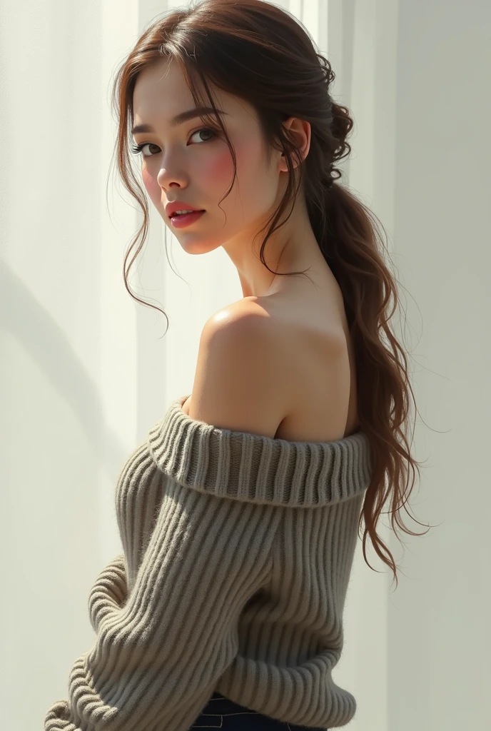 ((best quality)), ((masterpiece)), (detailed), 1girl, off-shoulder sweater,