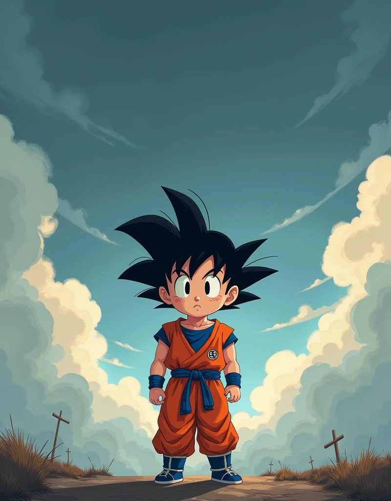 Goku Chibi, 1个boy, Male focus, Super Sayekin, Goku costume, Solitary, sky空, cloud, sky, blue sky空, boy, outdoor, Upper Body, overcast sky空