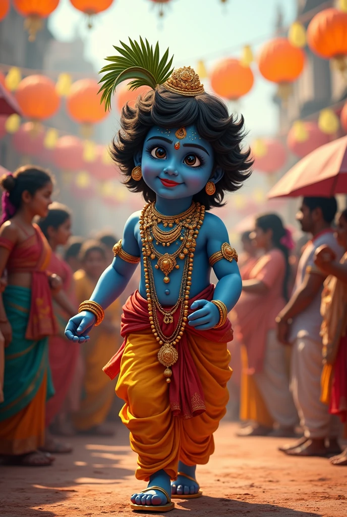 Bal Krishna coming for dahi handi function with banner “PRAJAPA YUVAK MANDAL KHEDBRAHMA “.