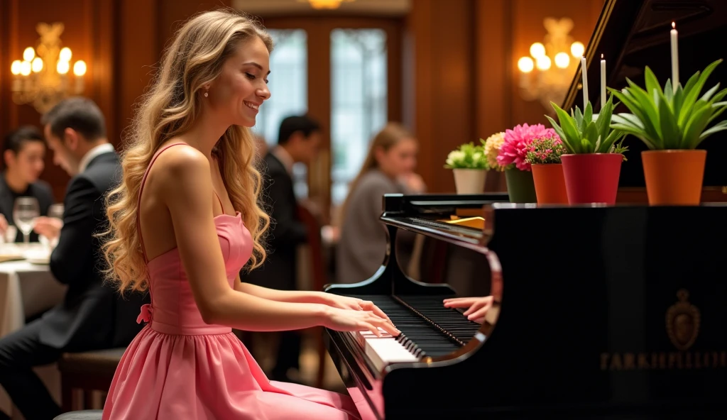 In a luxurious high-end steakhouse，There is a player grand piano with wooden accents and ornate chandeliers，Candlesticks and multi-colored flower pots are placed on the piano。Customers enjoying delicious food，Waiters shuttle among them。A young female pianist is playing jazz，light smile，She has long blond curly hair，There is a sea on the forehead，She is wearing a pink spaghetti strap evening gown，The surrounding air is filled with warm, cinematic tones，Shallow and deep field blurs elegantly compose images，Perfectly capturing the sophisticated ambience of this high-end dining venue。