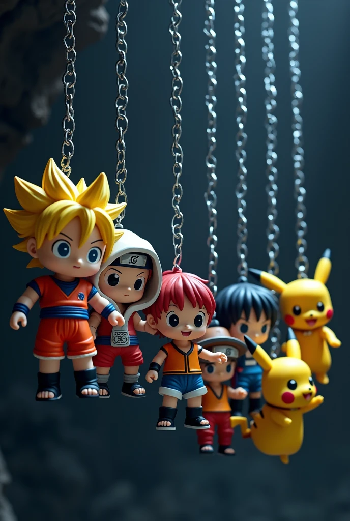 "In a dark and mysterious setting, Seven iconic anime characters, transformed into Funko dolls, They hang from thick chains that descend from the darkness. Each chain holds a character: Goku in his Super Saiyan form, Naruto with the band Konoha, Luffy with his straw hat, Sailor Moon with her moon scepter, Vegeta with his defiant pose, Levi Ackerman with his three-dimensional maneuvering equipment, and Pikachu with his electrifying energy. The chains shine with a soft glow, highlighting the presence of these characters, while their expressions and poses seem to come to life, creating a vibrant and energetic scene