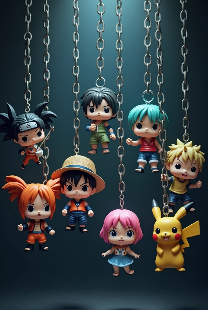 "In a dark and mysterious setting, Seven iconic anime characters, transformed into Funko dolls, They hang from thick chains that descend from the darkness. Each chain holds a character: Goku in his Super Saiyan form, Naruto with the band Konoha, Luffy with his straw hat, Sailor Moon with her moon scepter, Vegeta with his defiant pose, Levi Ackerman with his three-dimensional maneuvering equipment, and Pikachu with his electrifying energy. The chains shine with a soft glow, highlighting the presence of these characters, while their expressions and poses seem to come to life, creating a vibrant and energetic scene