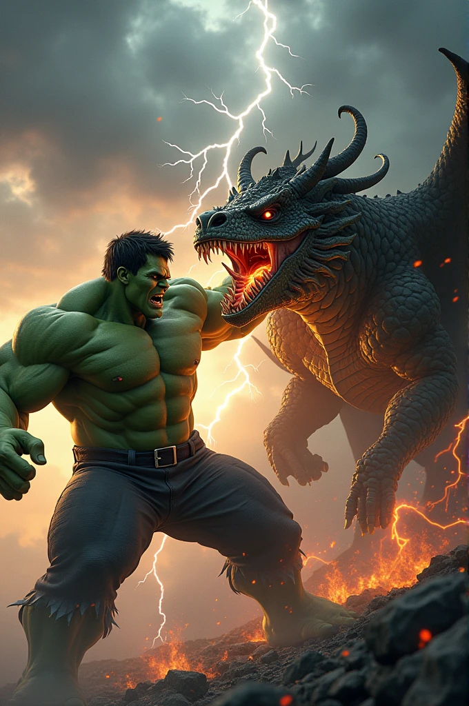 Hulk punching the dragons face with thunder and fierce