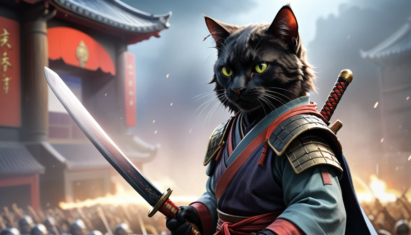 (close-up movie theater),samurai cat, battlefield, 2 days, colorful, bright atmosphere,holding a sword,Black Cat