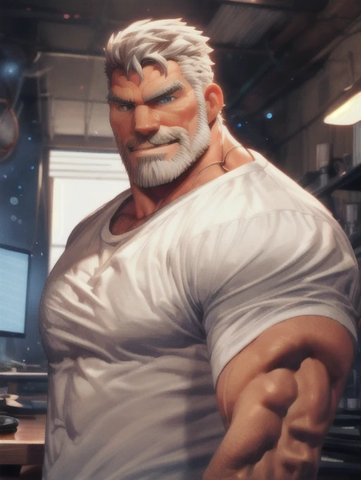 1man, handsome, middle-aged man, smirk, muscular, wearing white t-shirt, redefined, aesthetic, Closer distance face, Closer distance head, his Closer distance pressing against me, hd, high quality, 8k Resolution