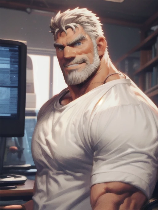1man, handsome, middle-aged man, smirk, muscular, wearing white t-shirt, redefined, aesthetic, Closer distance face, Closer distance head, his Closer distance pressing against me, hd, high quality, 8k Resolution