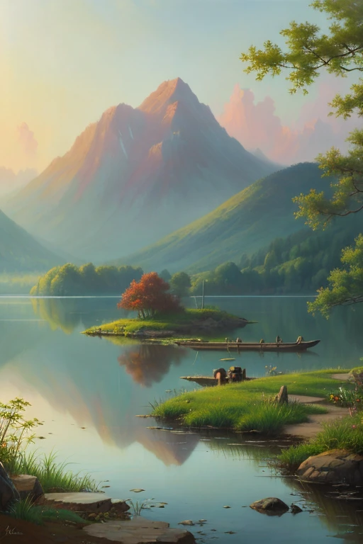 Highest quality、Landscape painting、Tranquil lakeside scenery、Foggy、dim