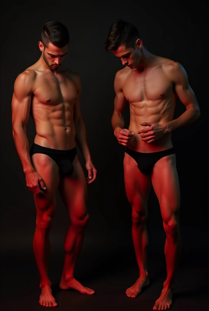 a 2 boys in black and red color underwear, highly detailed, extremely erotic, sensual, elegant, cinematic lighting, hyper realistic, 8k, award-winning art, photographic, chiaroscuro, dramatic shadows, soft focus, glowing skin, beautiful, alluring, captivating