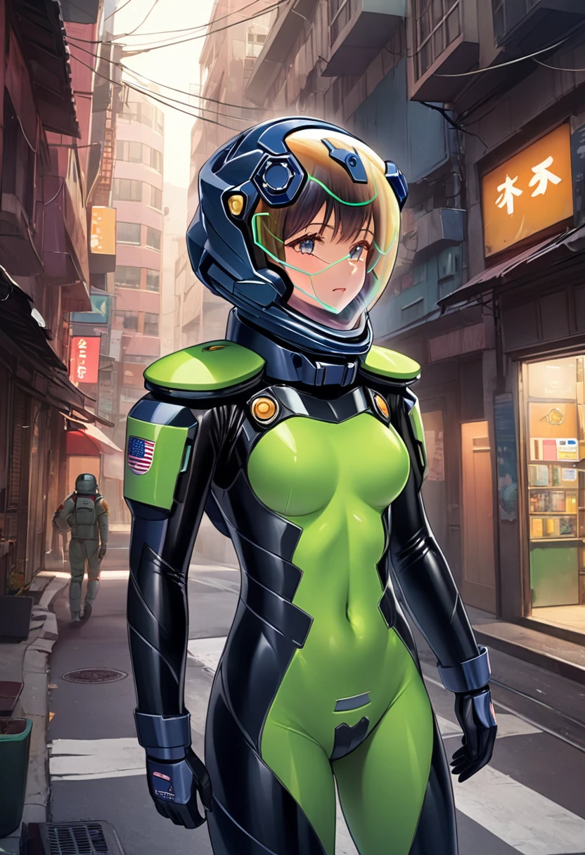 short hair, street, Emo, Black Hair, White eyes, eyeliner, Apocalypse, (astronaut, , road, city,  Reinforced Suit, ((green:1.5) Plug Suit), short hair, Outdoor, Cinematic Light,  Medium chest, Covered navel, Space Helmet, Mvrów, Space Helm, Eva helmet,[[[[ 