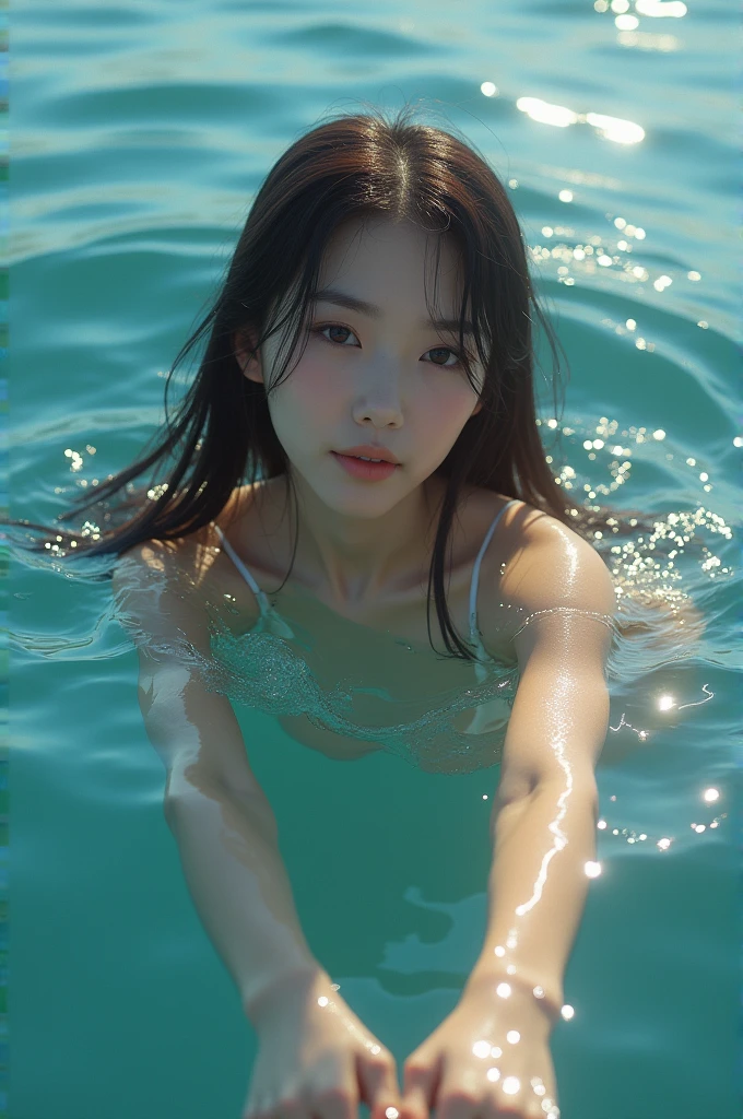 High resolution of a brown-haired Japanese woman swimming in the ocean with a shy smile inviting you to swim with her, masterpiece, Anatomically correct, Highest quality, High detail, Textured skin, Ultra-detailed, Cinematography, 