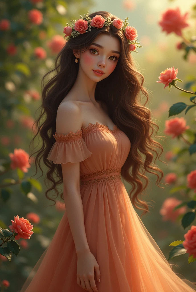 princess, brown hair long dress rose