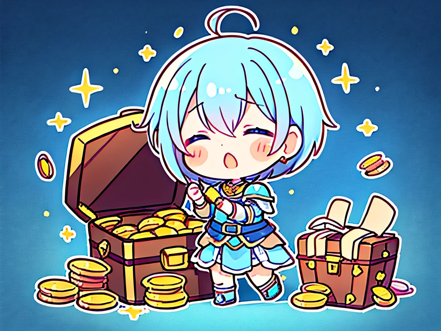 solo, fullbody, blue pixie cut, worried, mithril armor,Open the treasure chest to find jewels、Gold coins、joy、close eyes happy