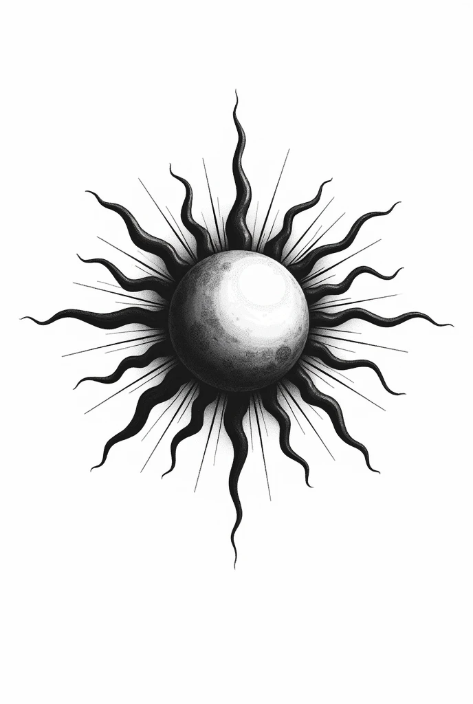 Créez-moi un dessin en noir et blanc sur fond blanc d'un soleil avec 22 rayons visibles dans lequel une plume de faucon gerfaut est mélangée au centre du soleil., en mode artistique.