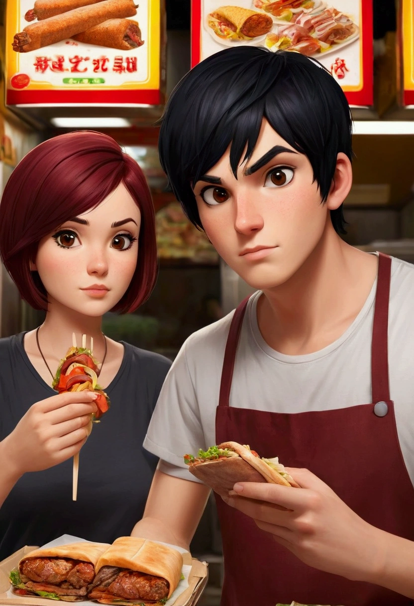 boy 25 year old with black hair medium lenght and girl 25 year old with dark red short hair ordering a kebab