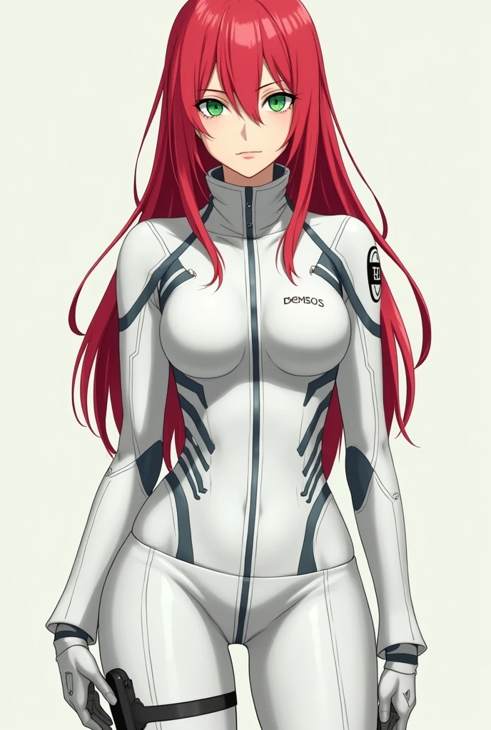 Full-body. Physically attractive female doctor with long red hair, greeneyes, wearing a white semi-tech infiltration suit. Naruto anime style. Full-body